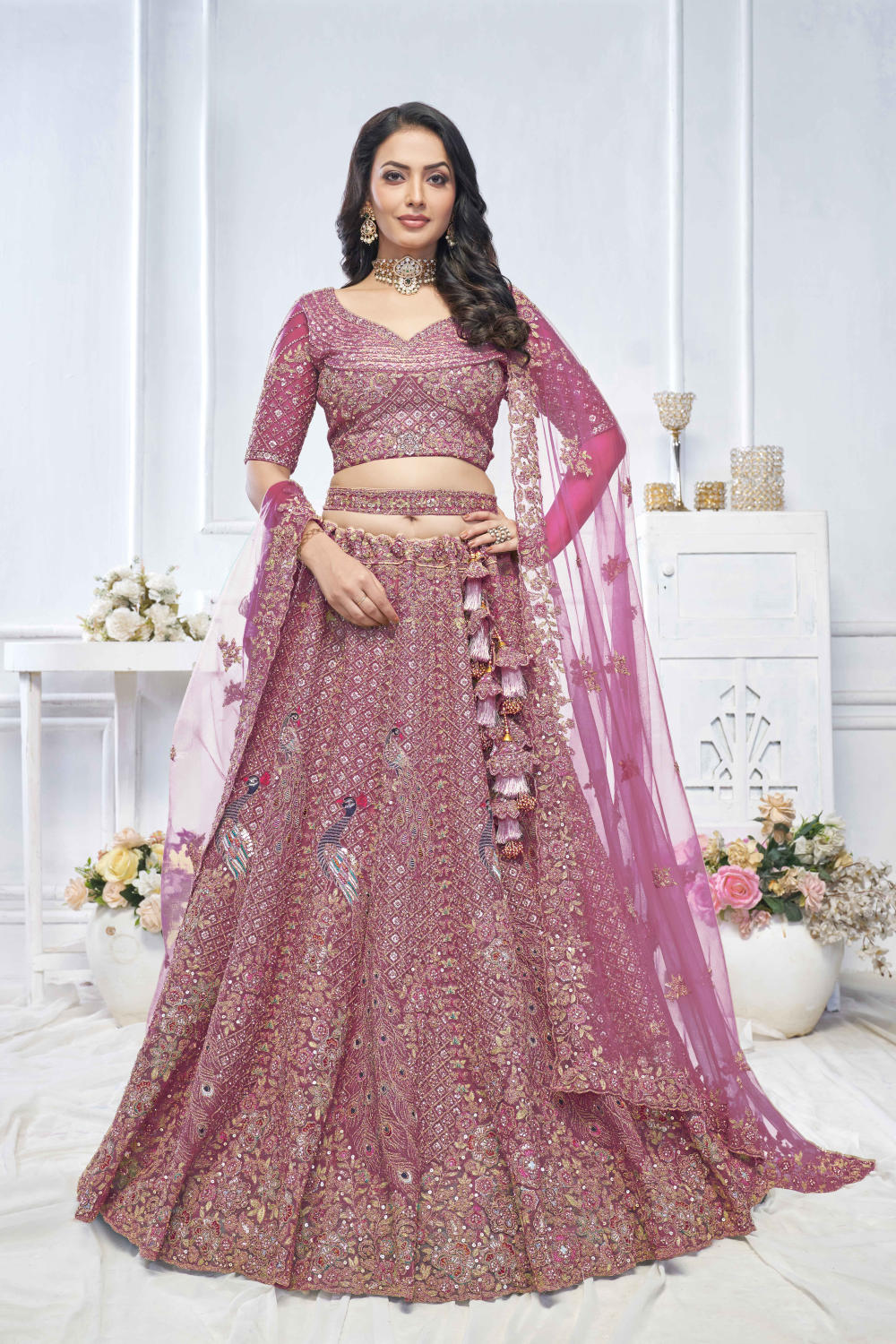 Pink Net Embroidered Lehenga Set