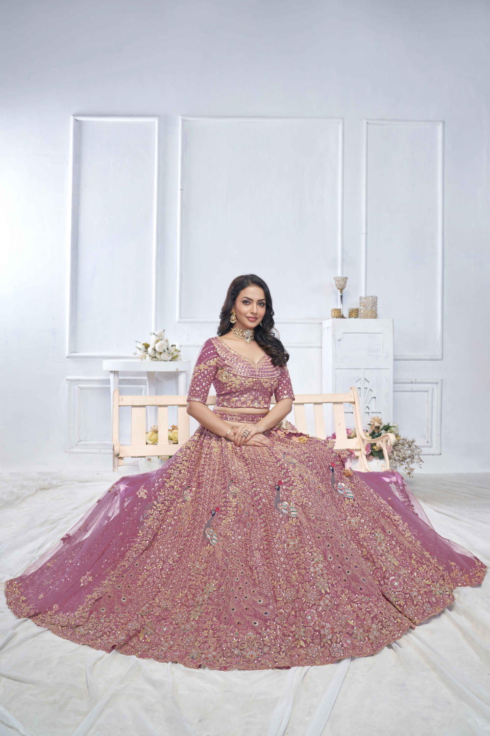 Pink Net Embroidered Lehenga Set