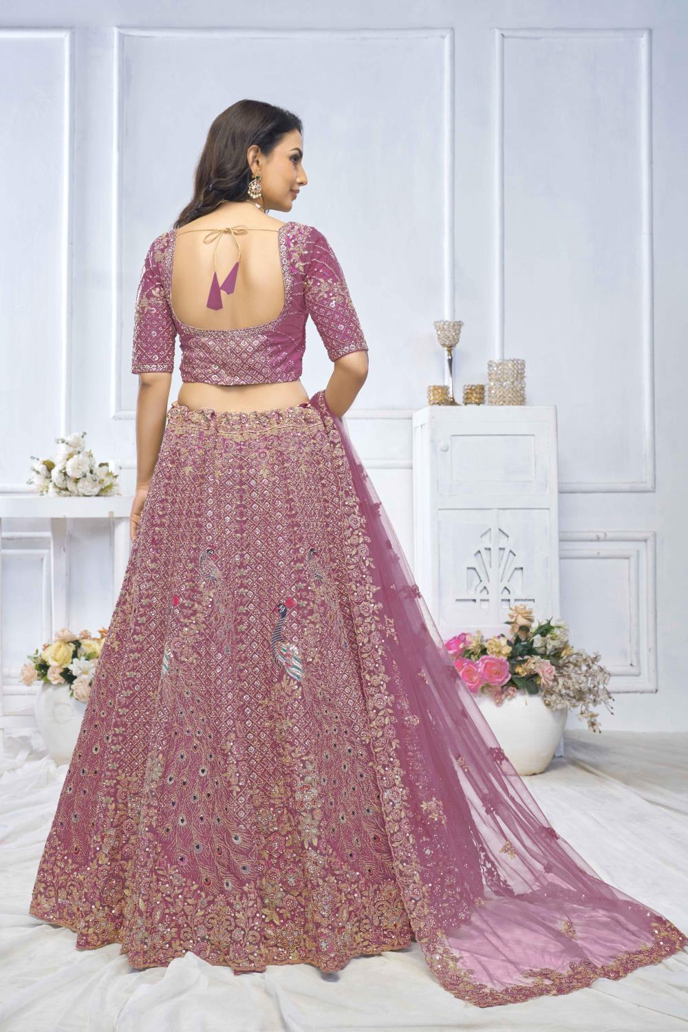 Pink Net Embroidered Lehenga Set