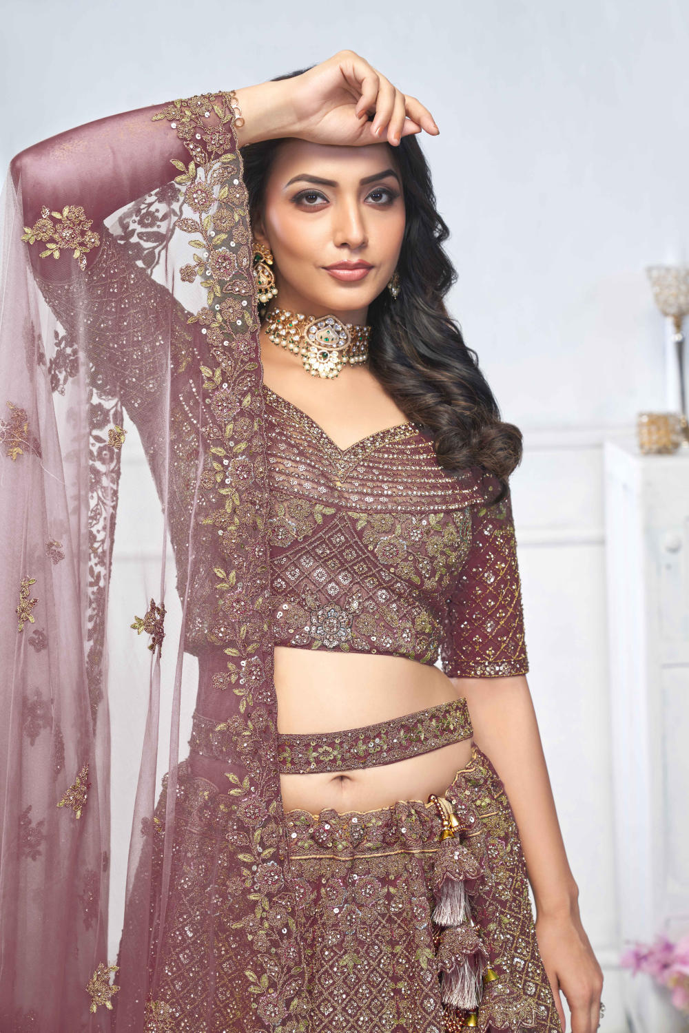 Dark Purple Net Embroidered Lehenga Set