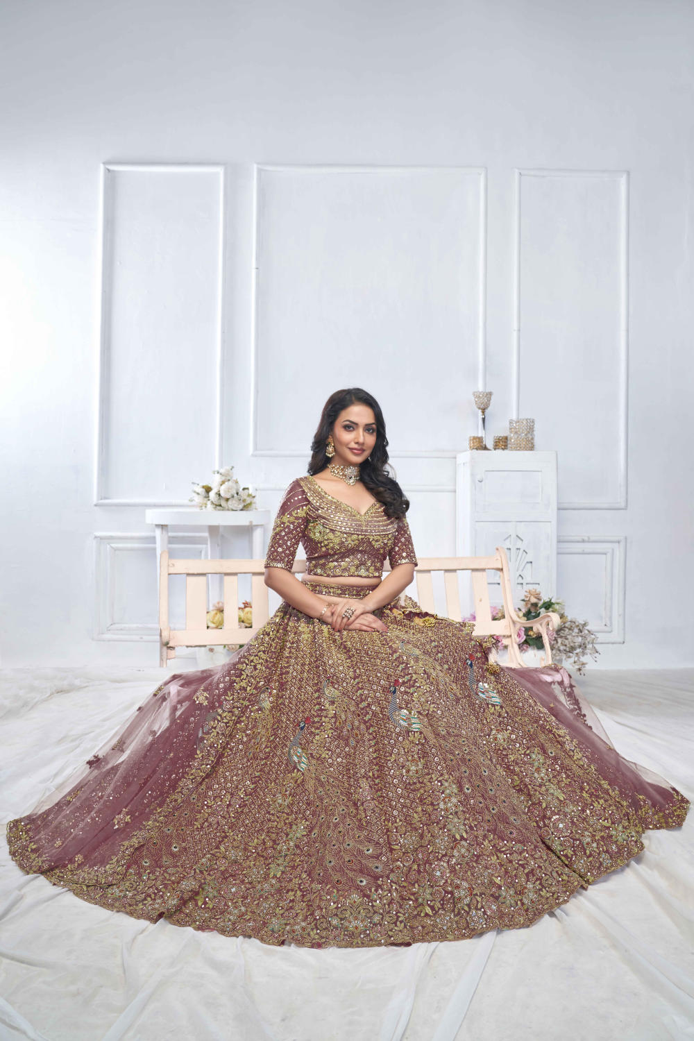 Dark Purple Net Embroidered Lehenga Set