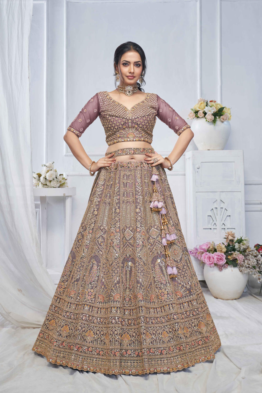 Purple Net Embroidered Lehenga Set