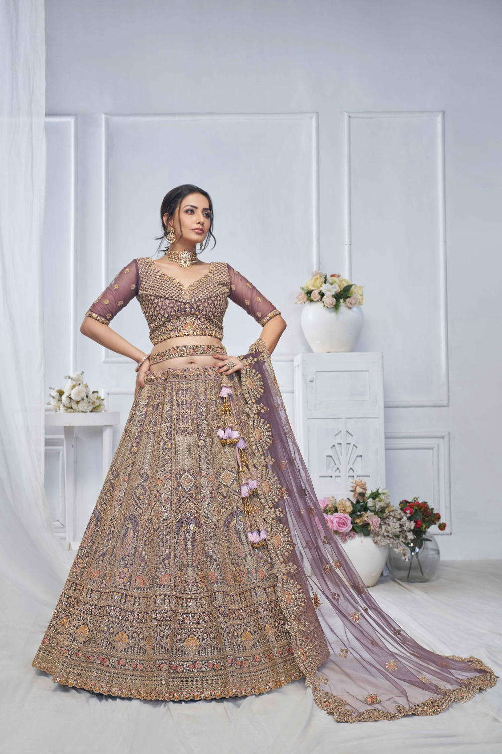 Purple Net Embroidered Lehenga Set