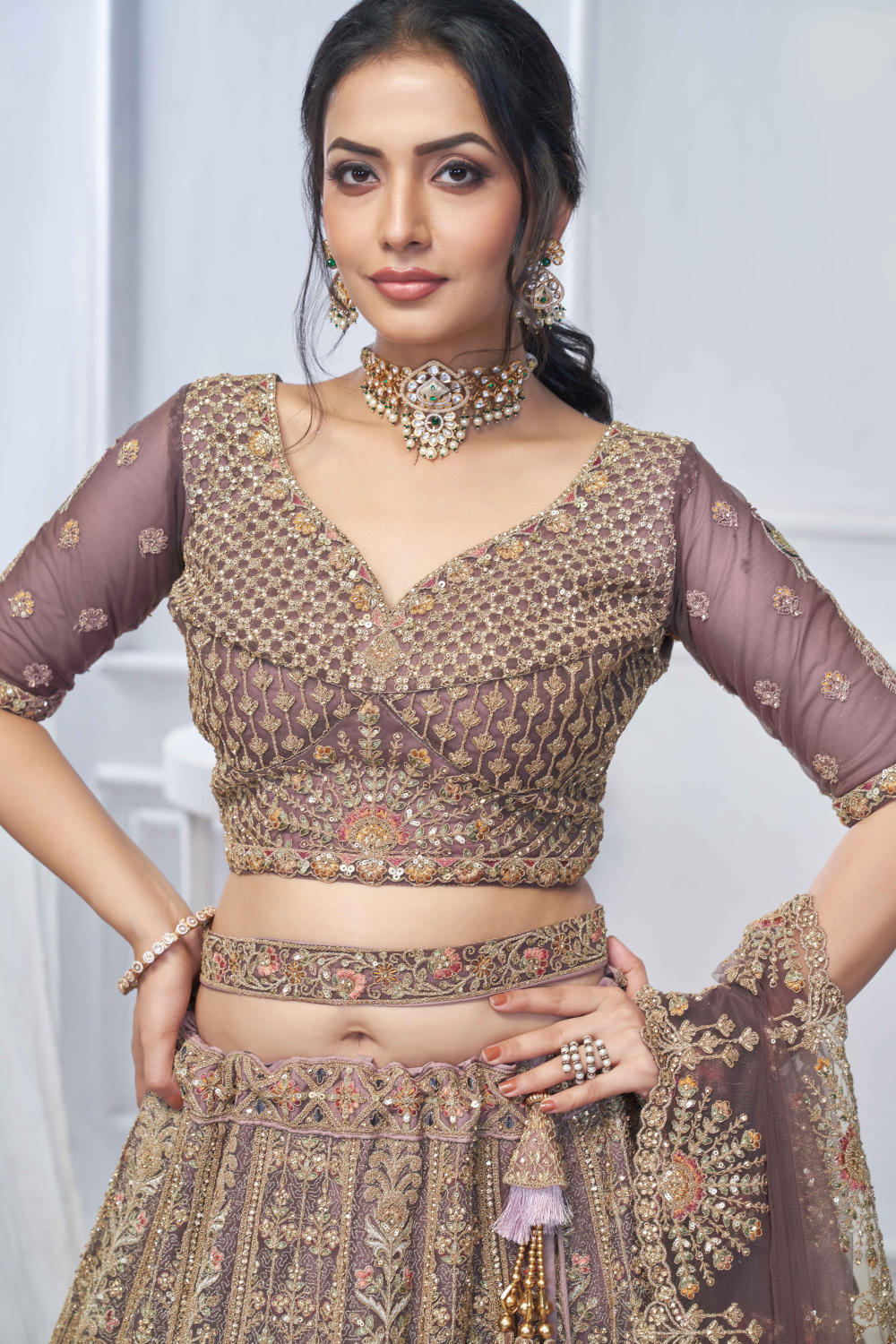 Purple Net Embroidered Lehenga Set