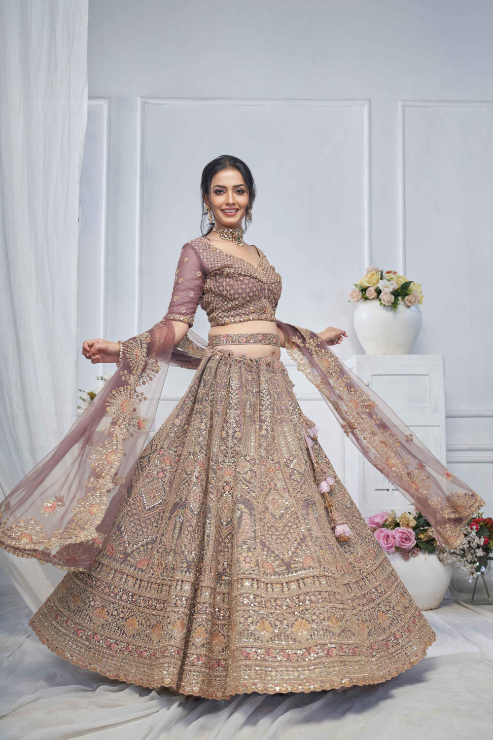 Purple Net Embroidered Lehenga Set