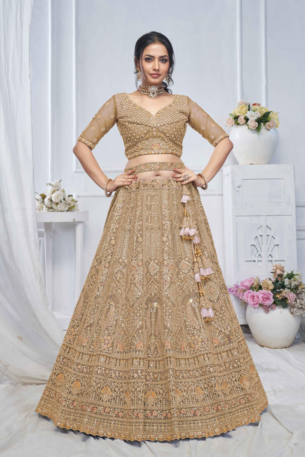 Brown Net Embroidered Lehenga Set