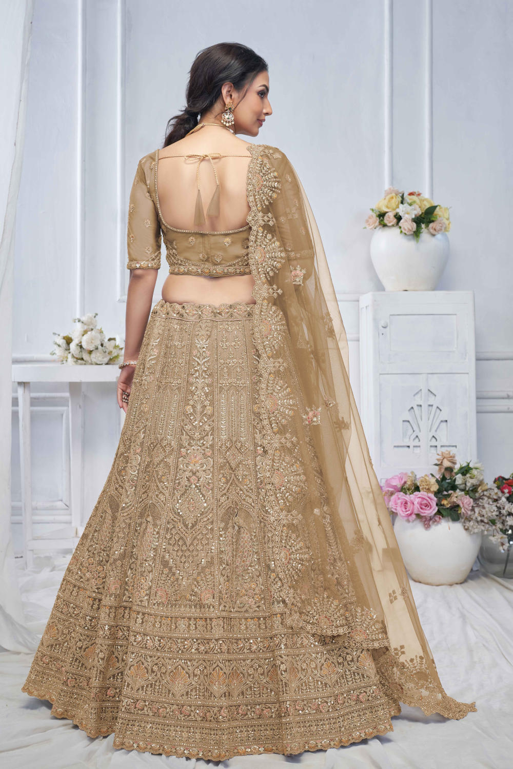 Brown Net Embroidered Lehenga Set