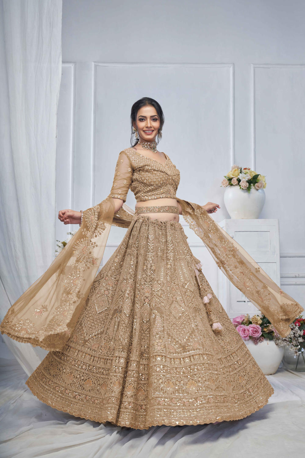 Brown Net Embroidered Lehenga Set