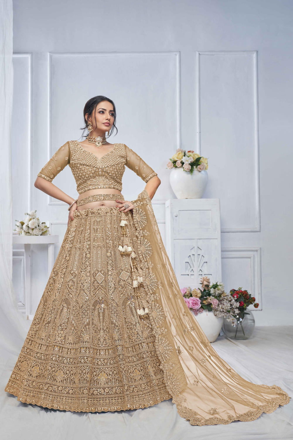 Brown Net Embroidered Lehenga Set