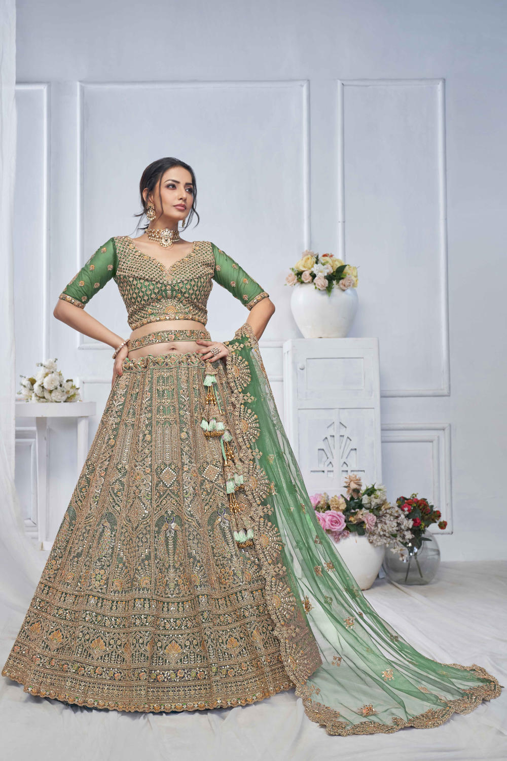 Green Net Embroidered Lehenga Set