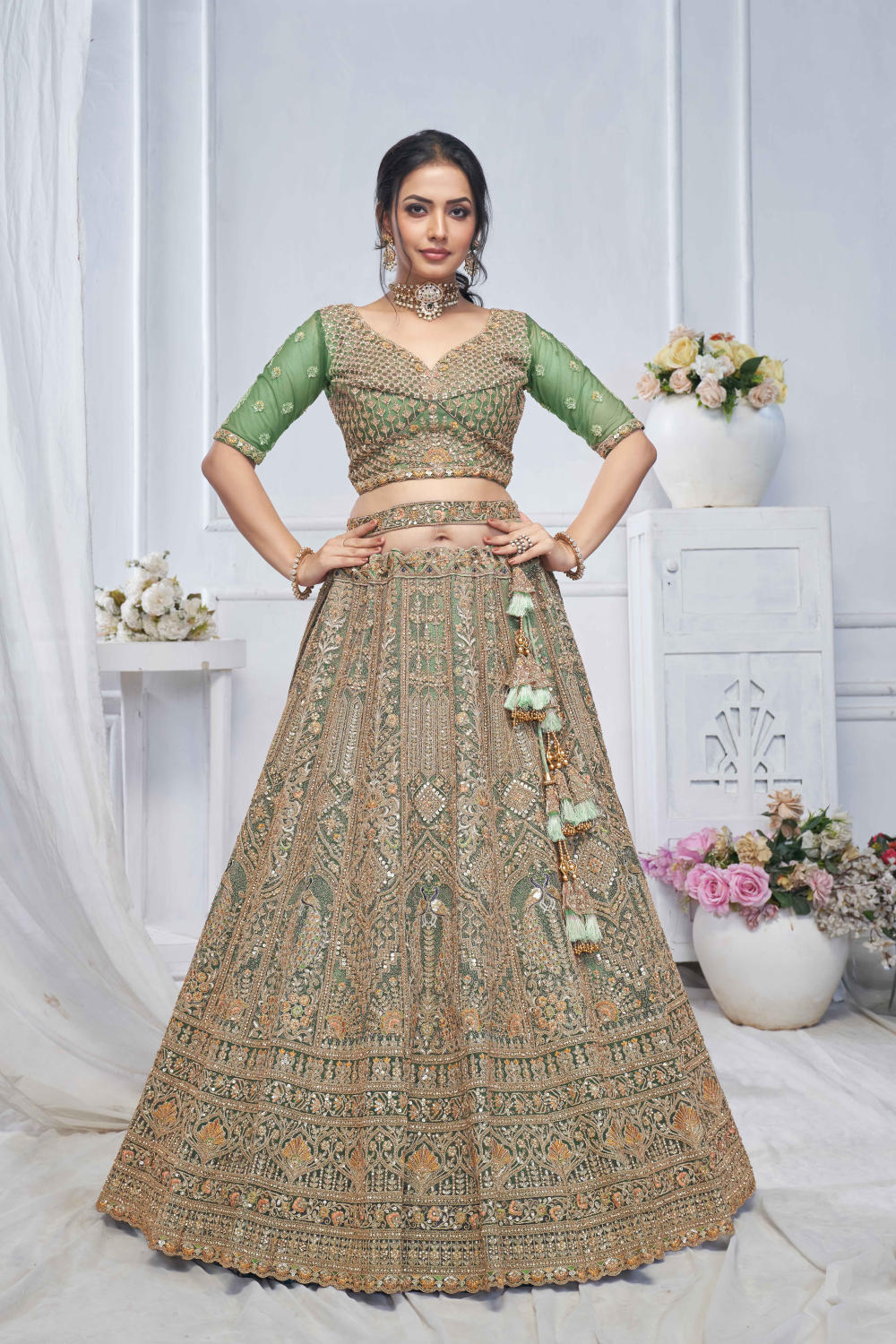 Green Net Embroidered Lehenga Set