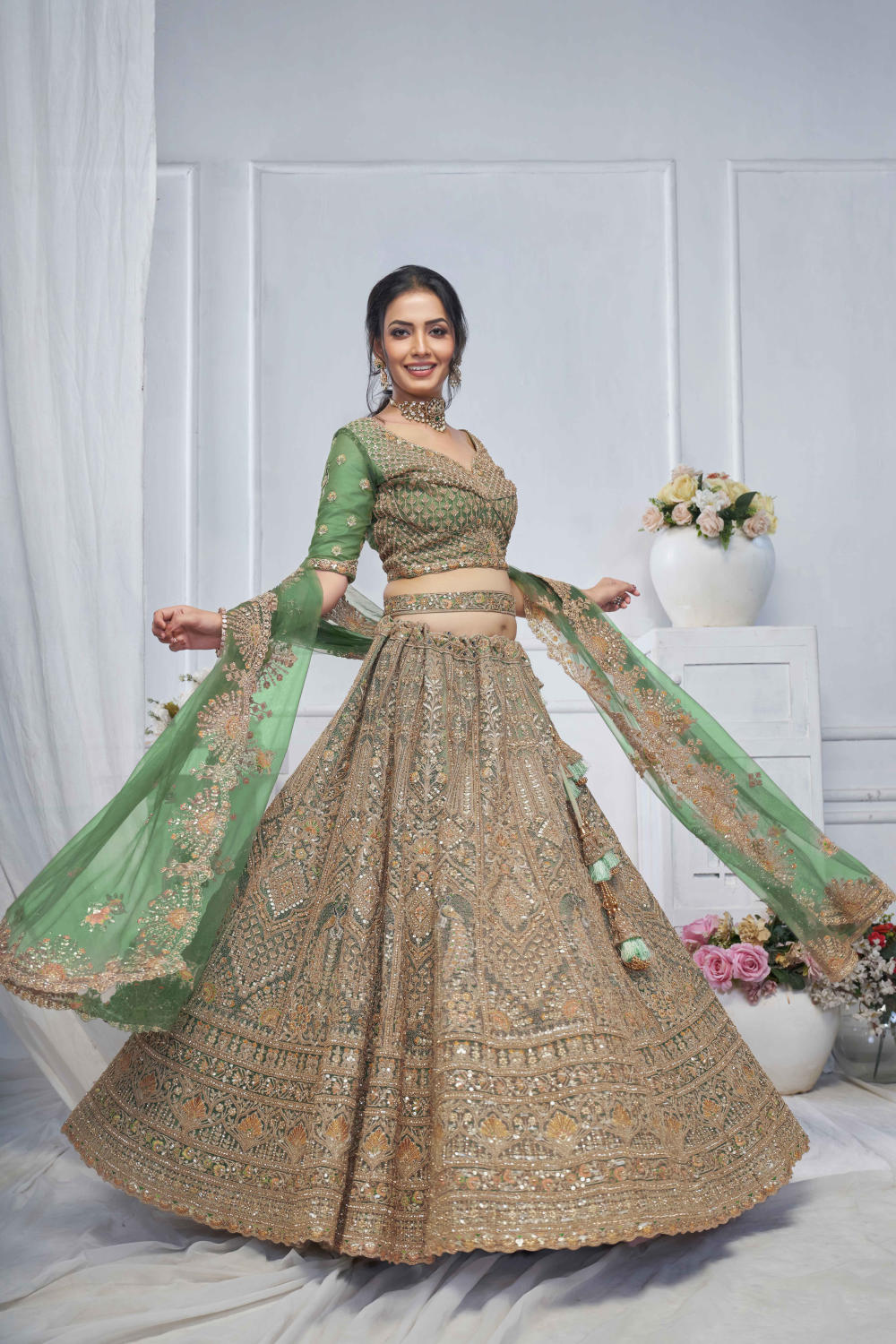 Green Net Embroidered Lehenga Set