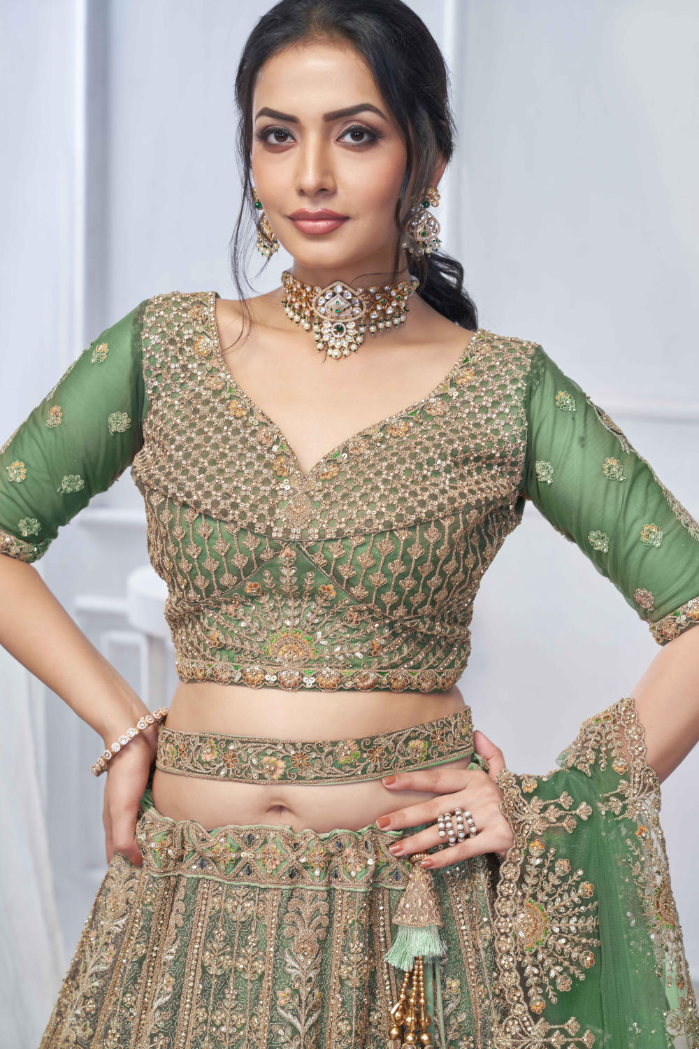 Green Net Embroidered Lehenga Set