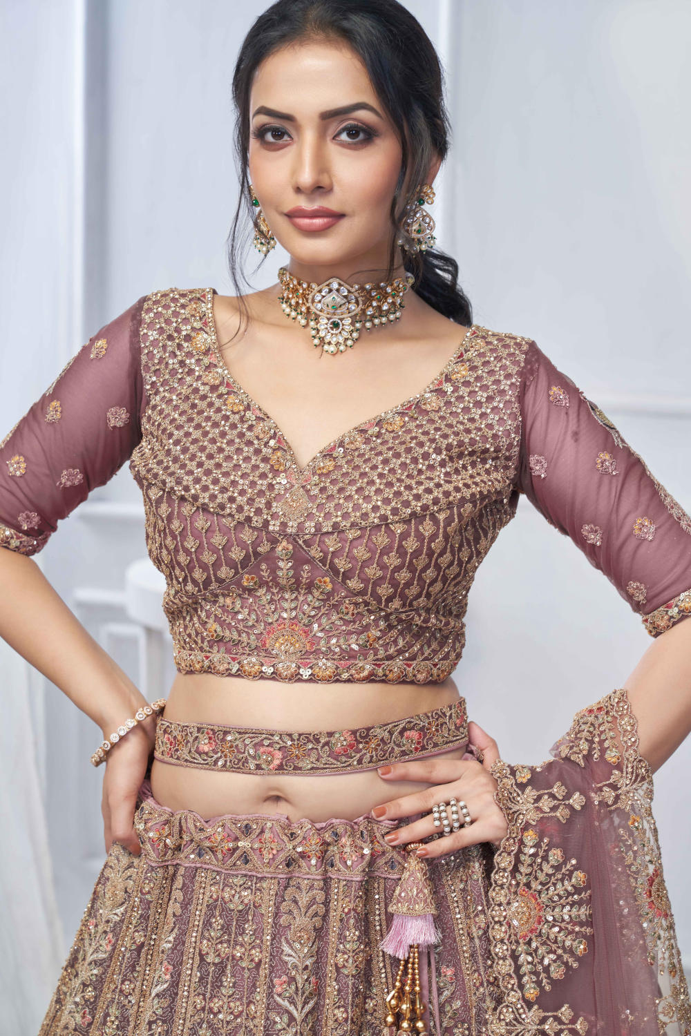 Pink Net Embroidered Lehenga Set