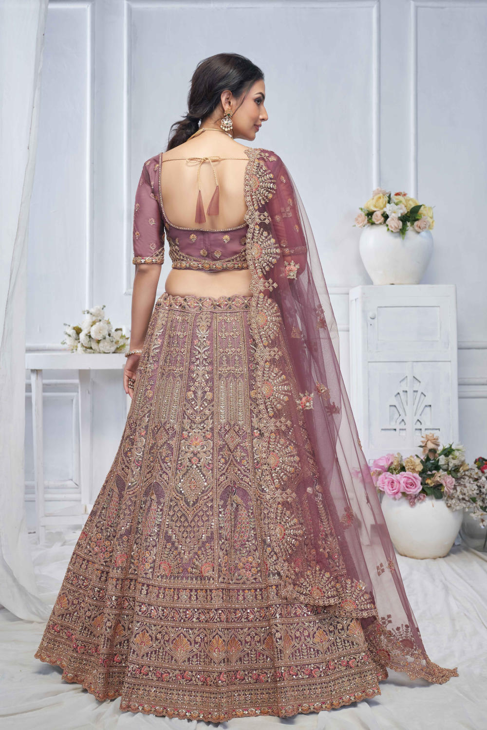 Pink Net Embroidered Lehenga Set