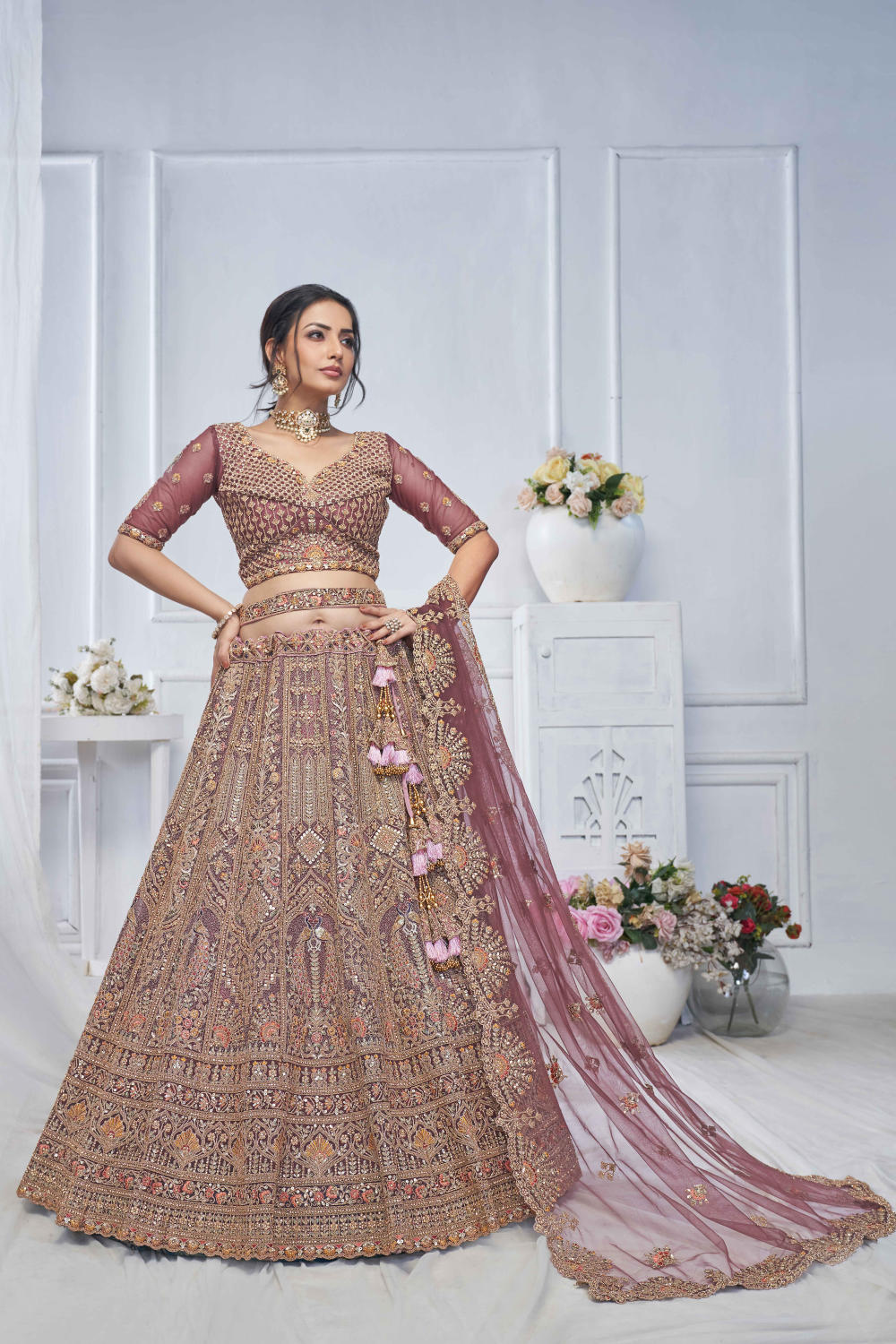 Pink Net Embroidered Lehenga Set