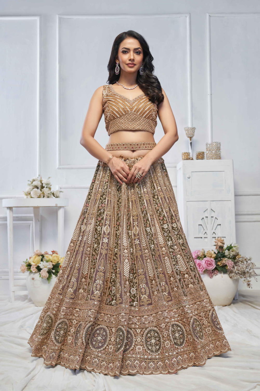 Brown Net Embroidered Lehenga Set