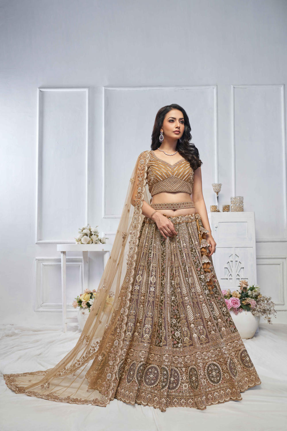 Brown Net Embroidered Lehenga Set