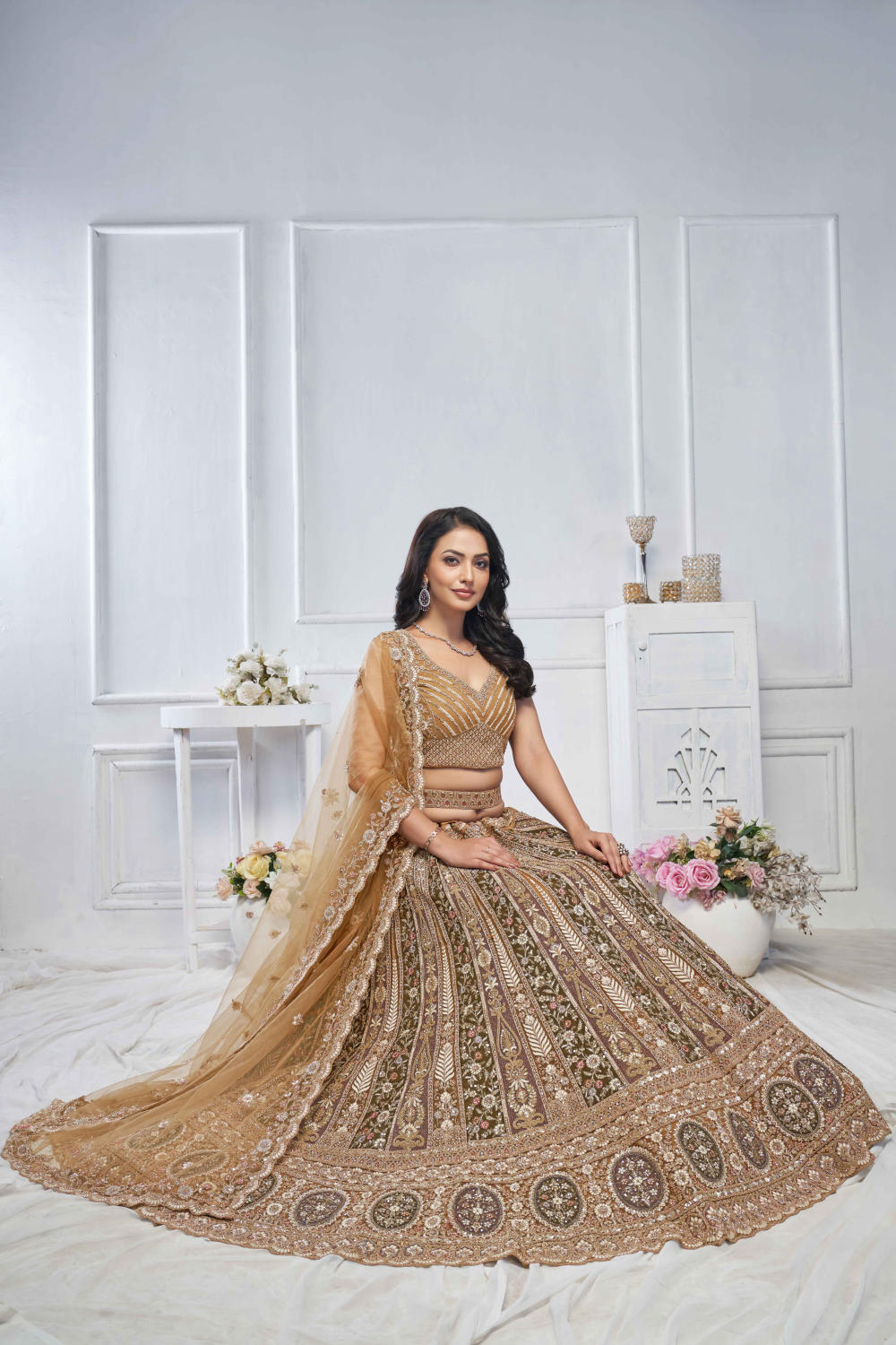 Brown Net Embroidered Lehenga Set