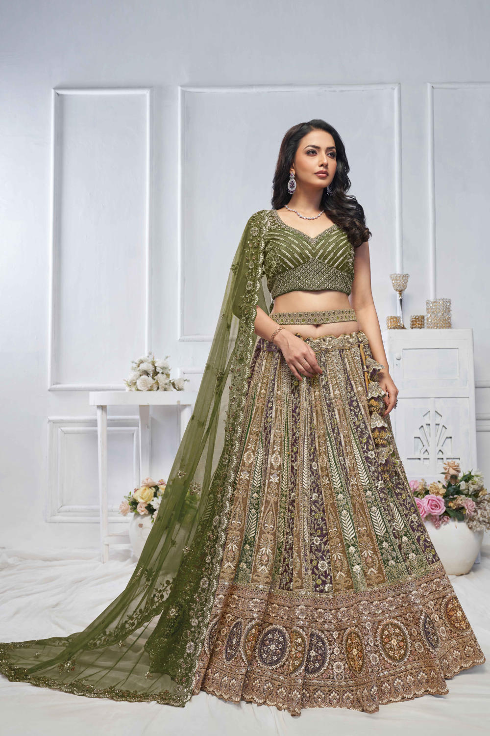 Green Net Embroidered Lehenga Set