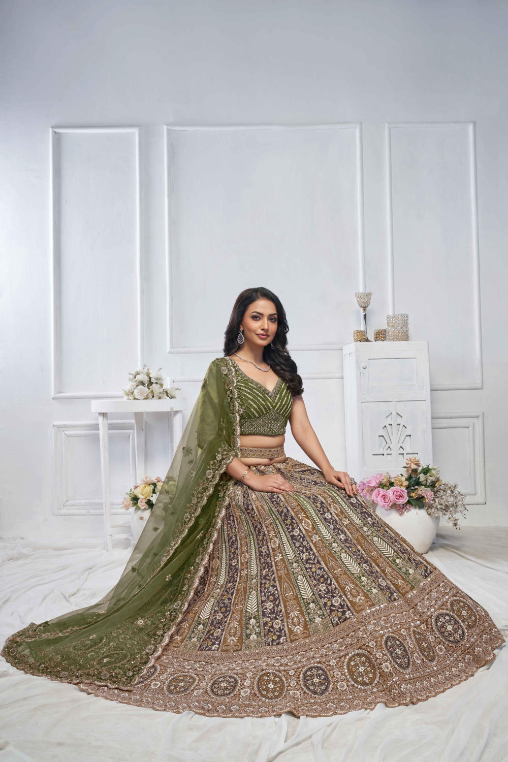 Green Net Embroidered Lehenga Set