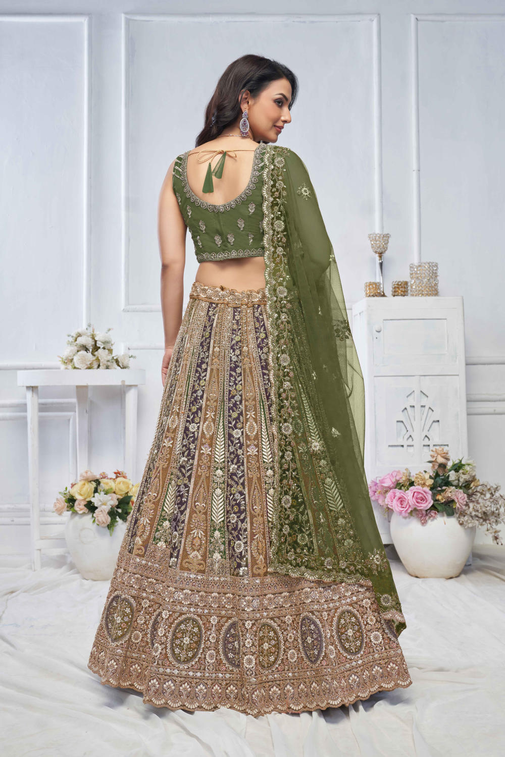 Green Net Embroidered Lehenga Set