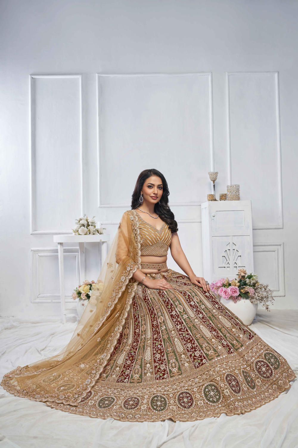 Mustard Net Embroidered Lehenga Set