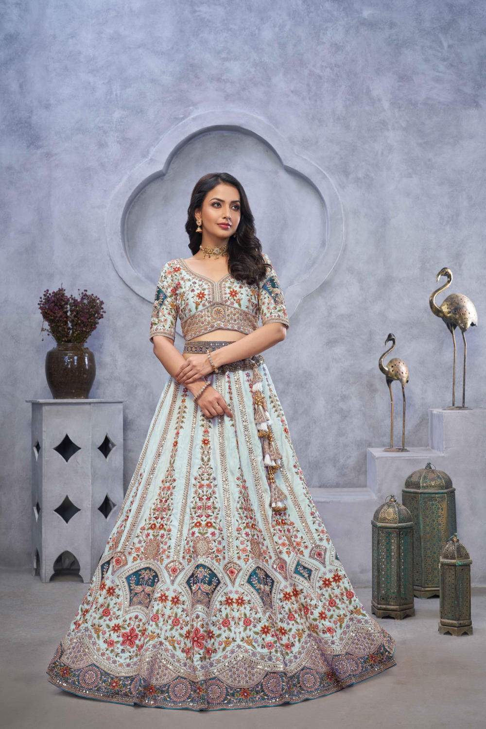 Sky Blue Silk Embroidered Lehenga Set