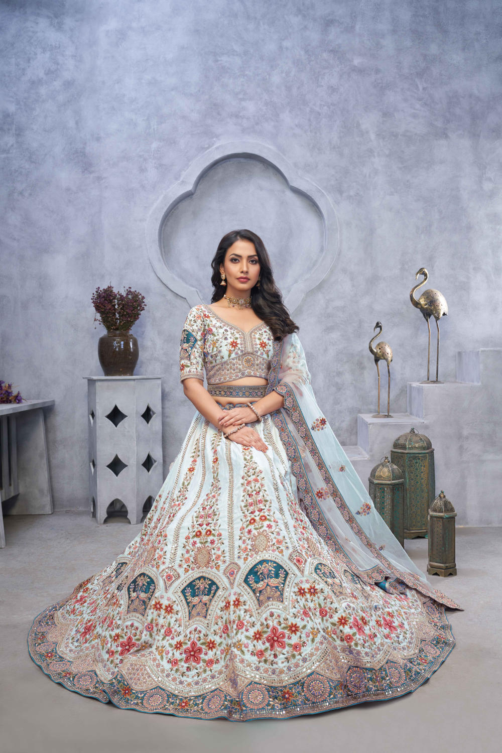 Sky Blue Silk Embroidered Lehenga Set