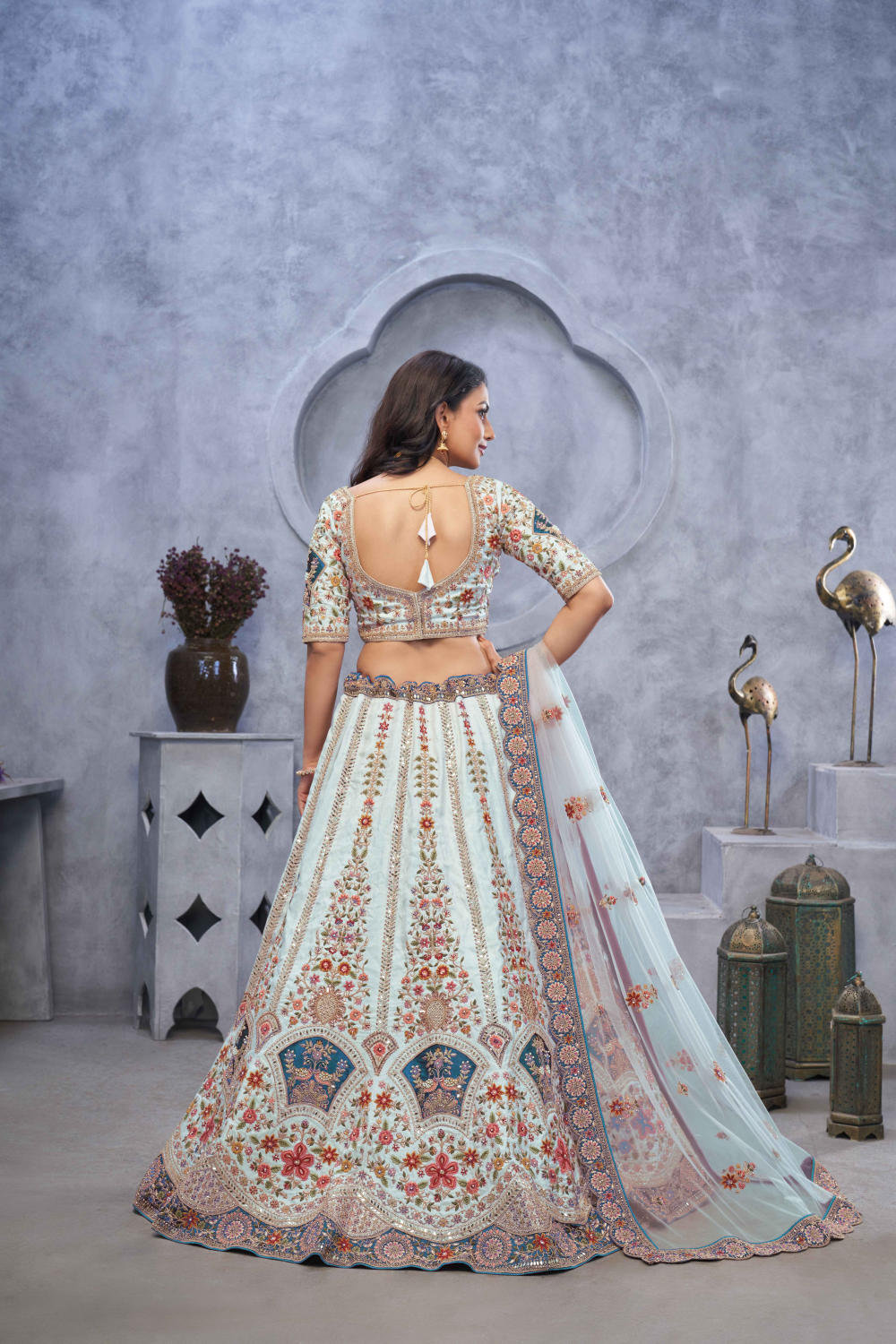 Sky Blue Silk Embroidered Lehenga Set