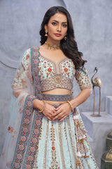 Sky Blue Silk Embroidered Lehenga Set