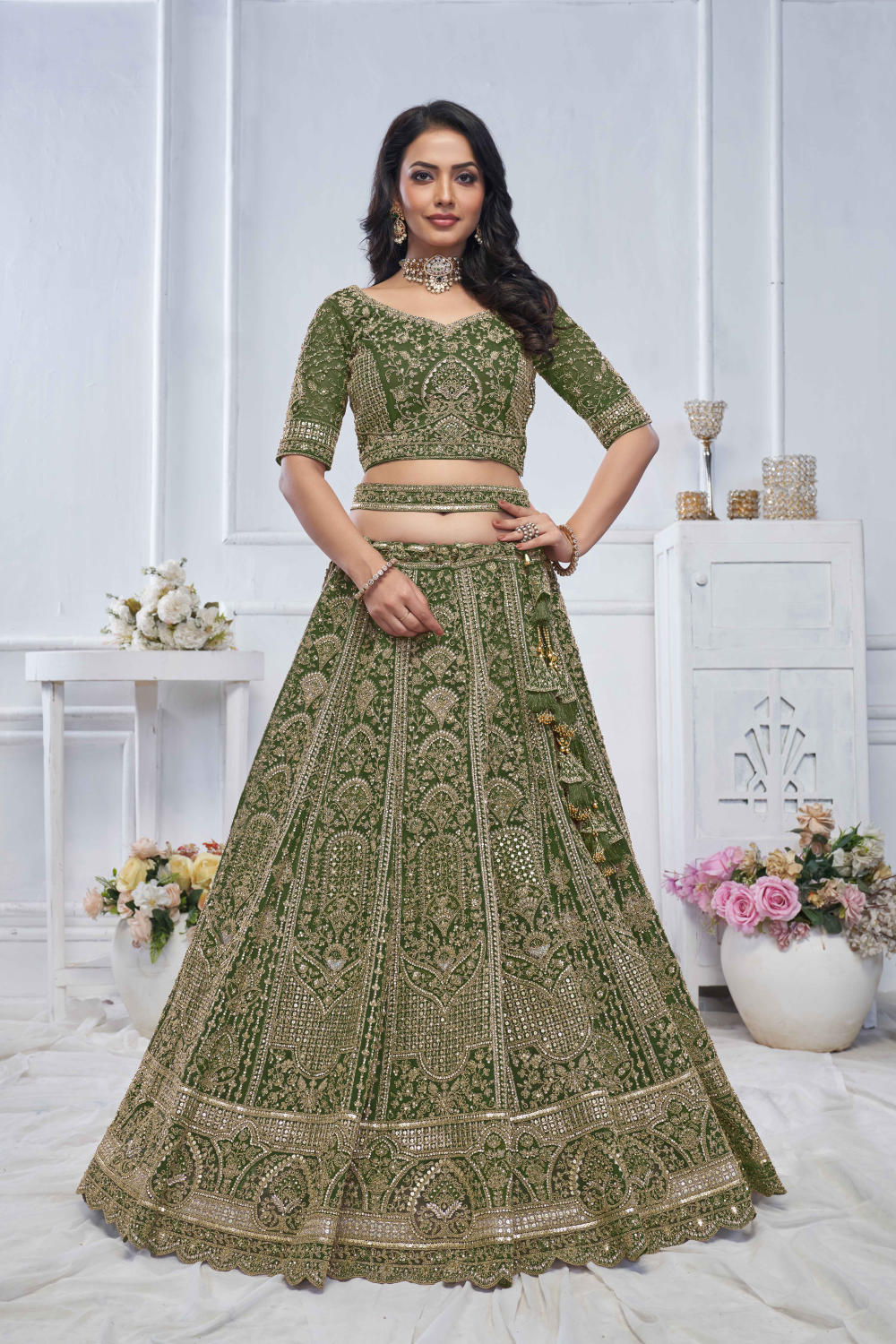 Green Net Embroidered Lehenga Set