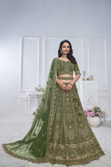 Green Net Embroidered Lehenga Set