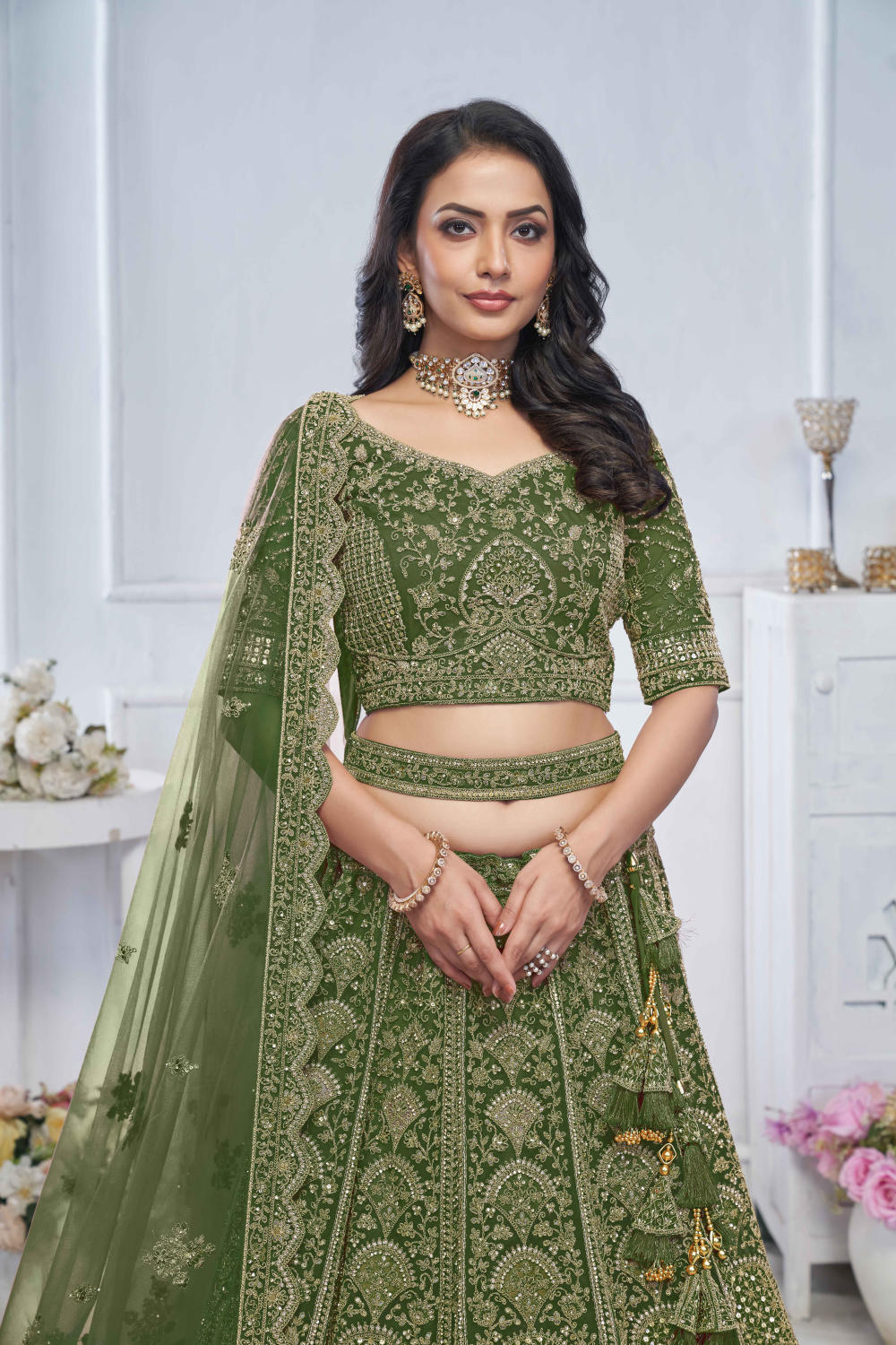 Green Net Embroidered Lehenga Set