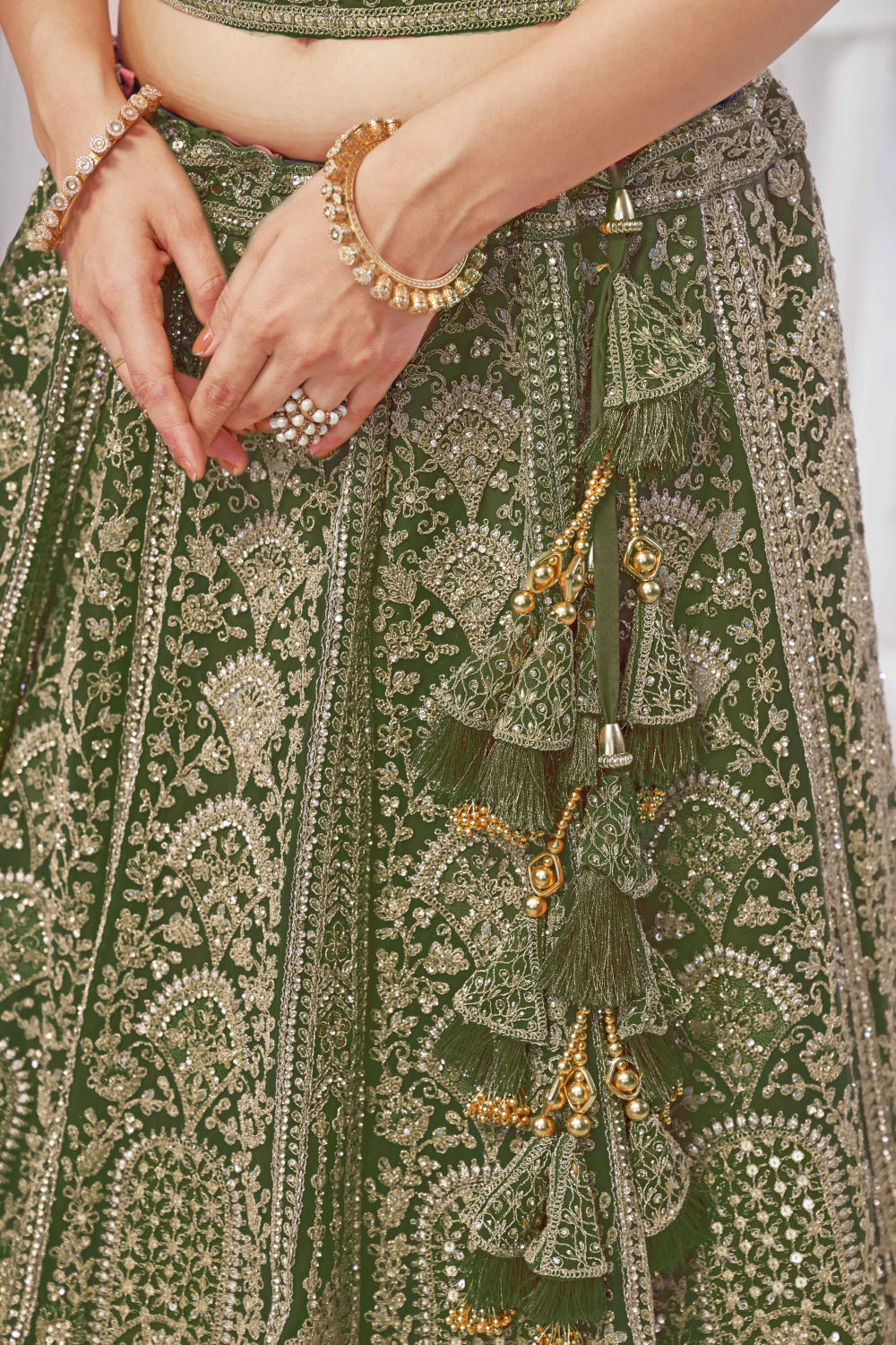 Green Net Embroidered Lehenga Set