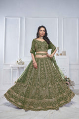 Green Net Embroidered Lehenga Set