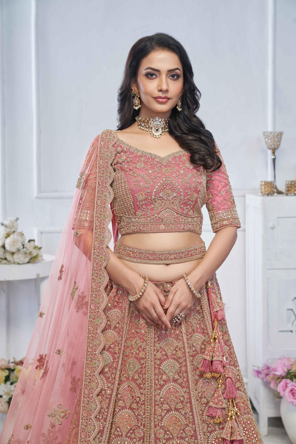 Pink Net Embroidered Lehenga Set