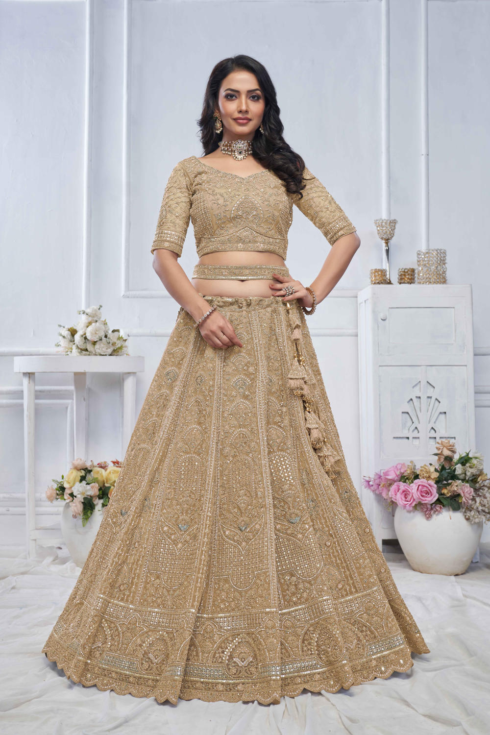 Golden Net Embroidered Lehenga Set