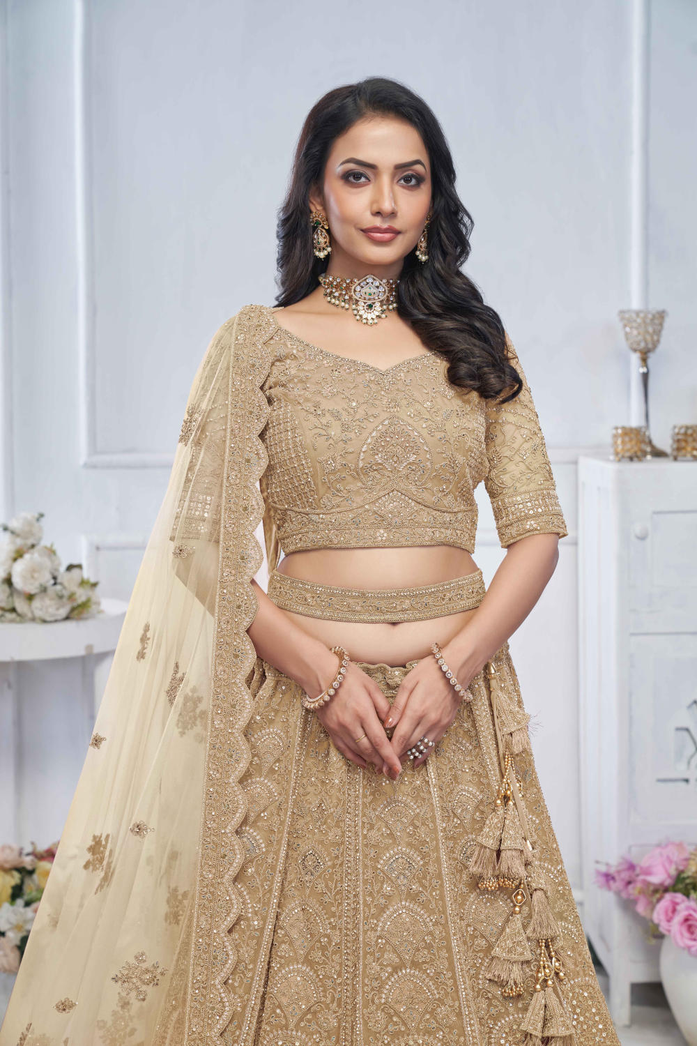 Golden Net Embroidered Lehenga Set