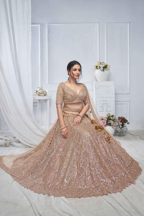 Brown Net Embroidered Lehenga Set