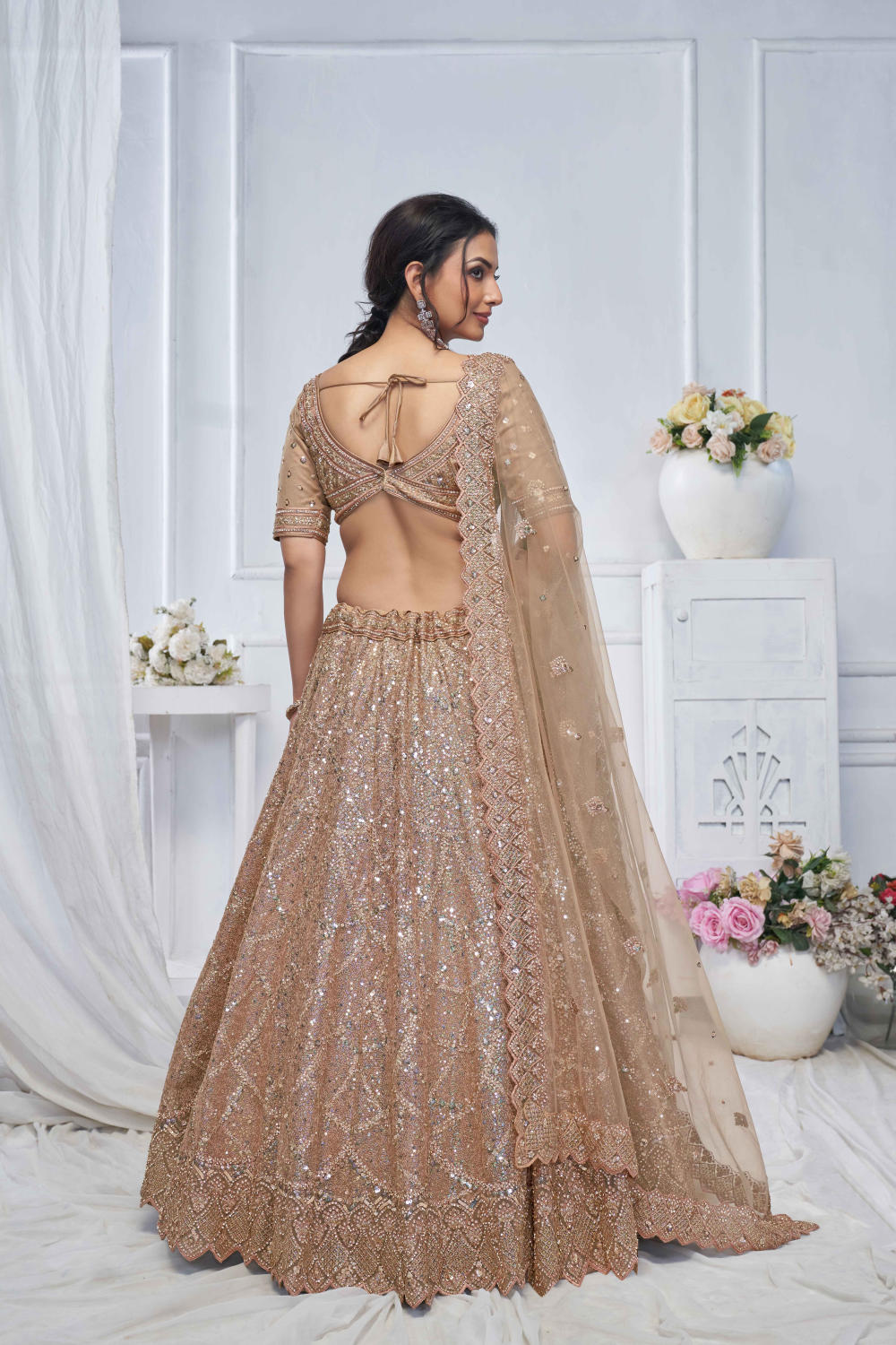 Brown Net Embroidered Lehenga Set