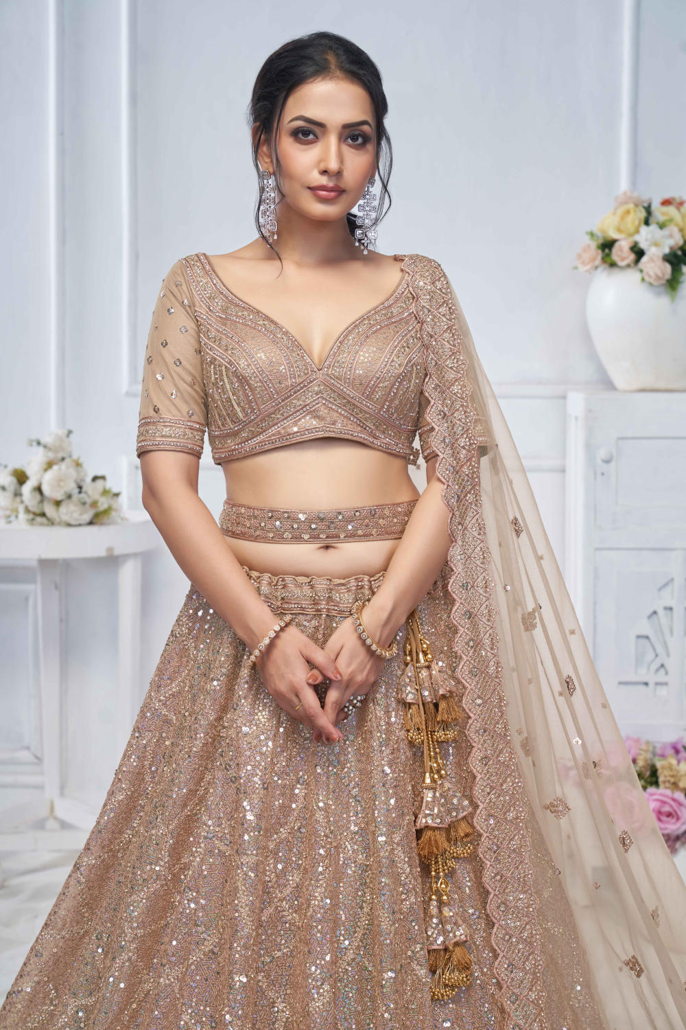 Brown Net Embroidered Lehenga Set