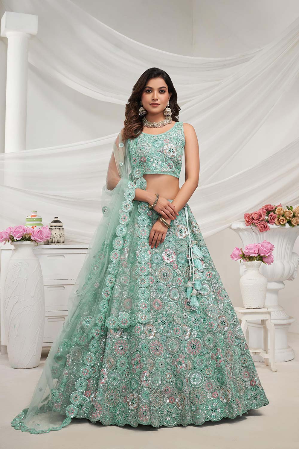 Sky Blue Soft Net Floral,Embellishments Lehenga Set