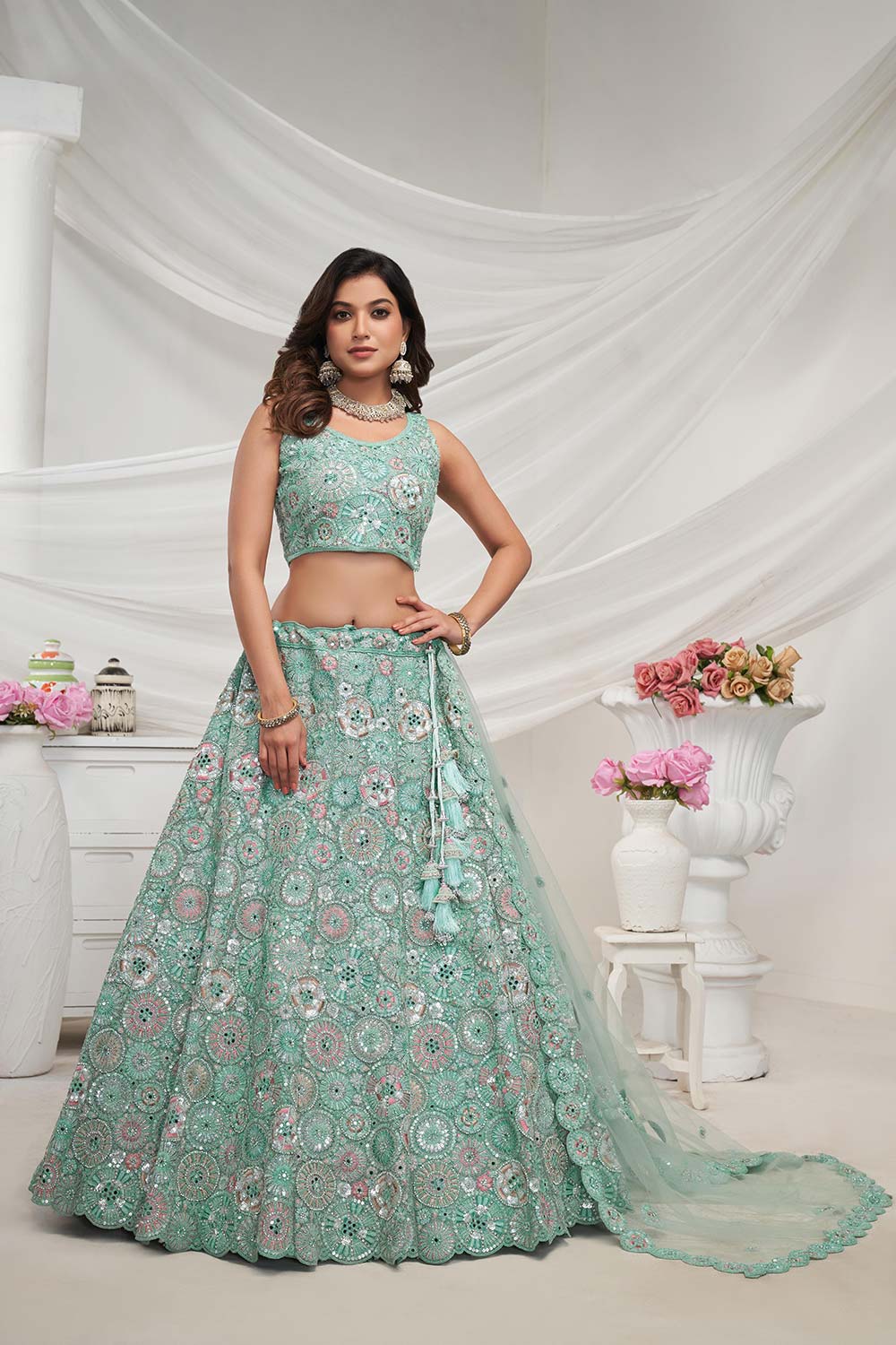 Sky Blue Soft Net Floral,Embellishments Lehenga Set