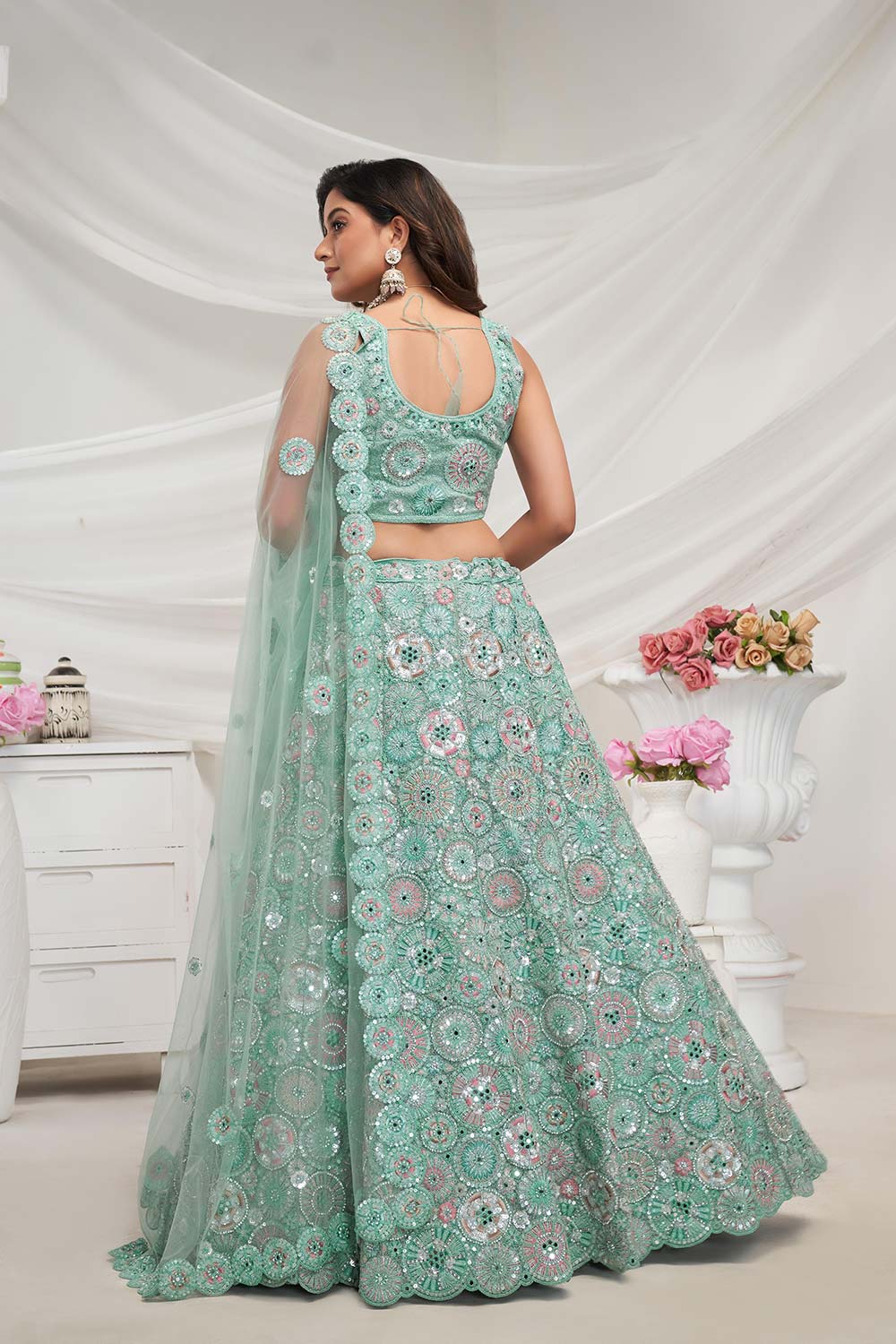 Sky Blue Soft Net Floral,Embellishments Lehenga Set