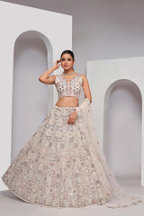 White Soft Net Floral,Embellishments Lehenga Set