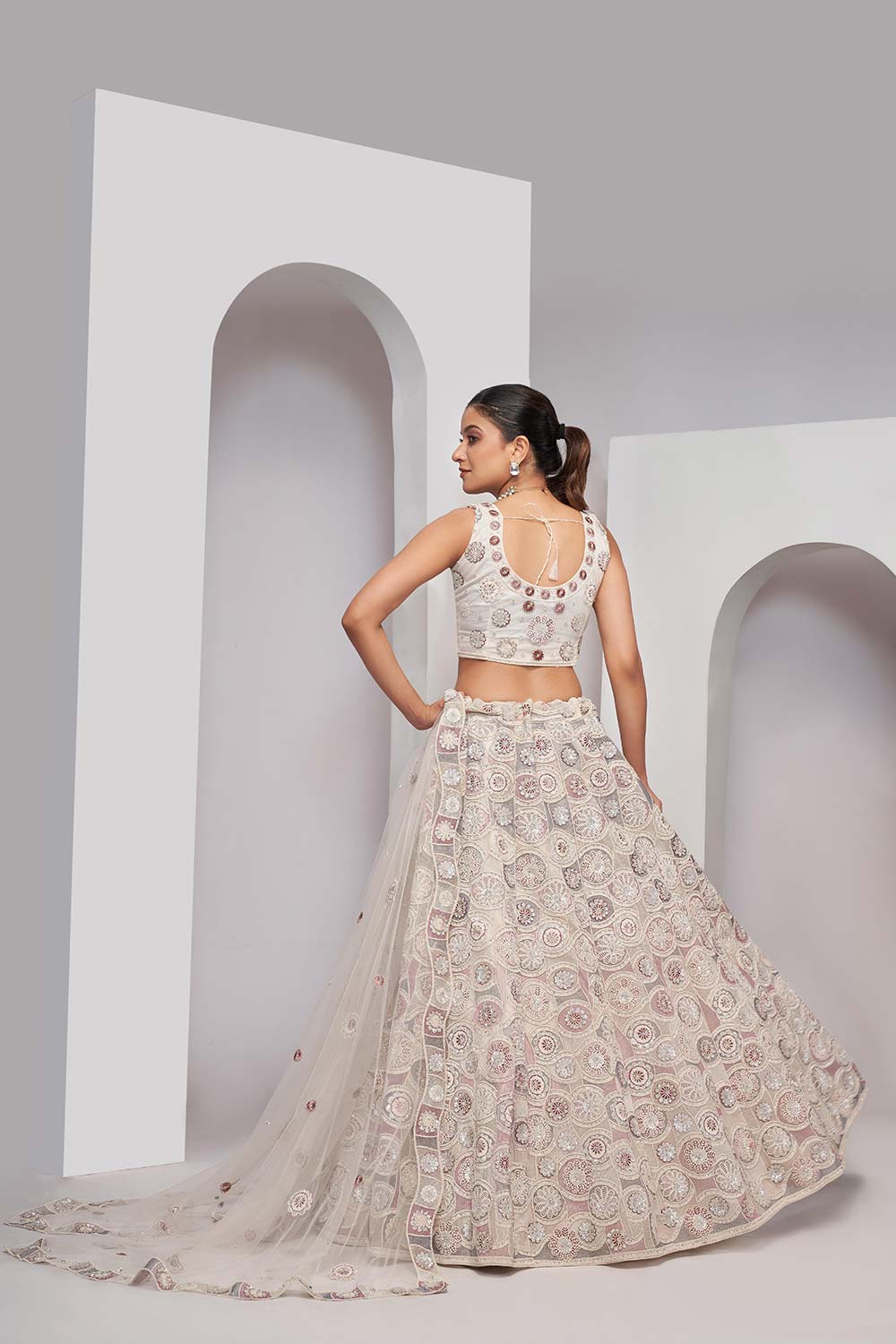 White Soft Net Floral,Embellishments Lehenga Set