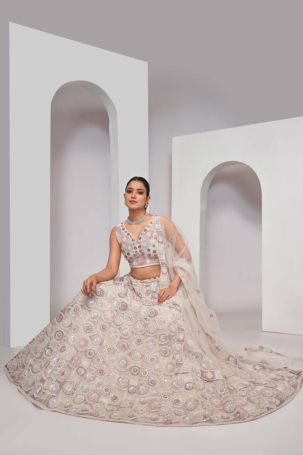 White Soft Net Floral,Embellishments Lehenga Set