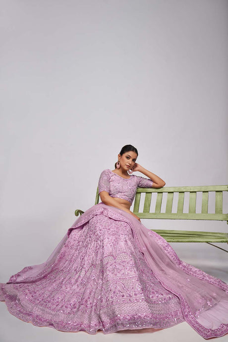 Mauve Soft Net Pearl, Sequins And Embellishments Lehenga Set