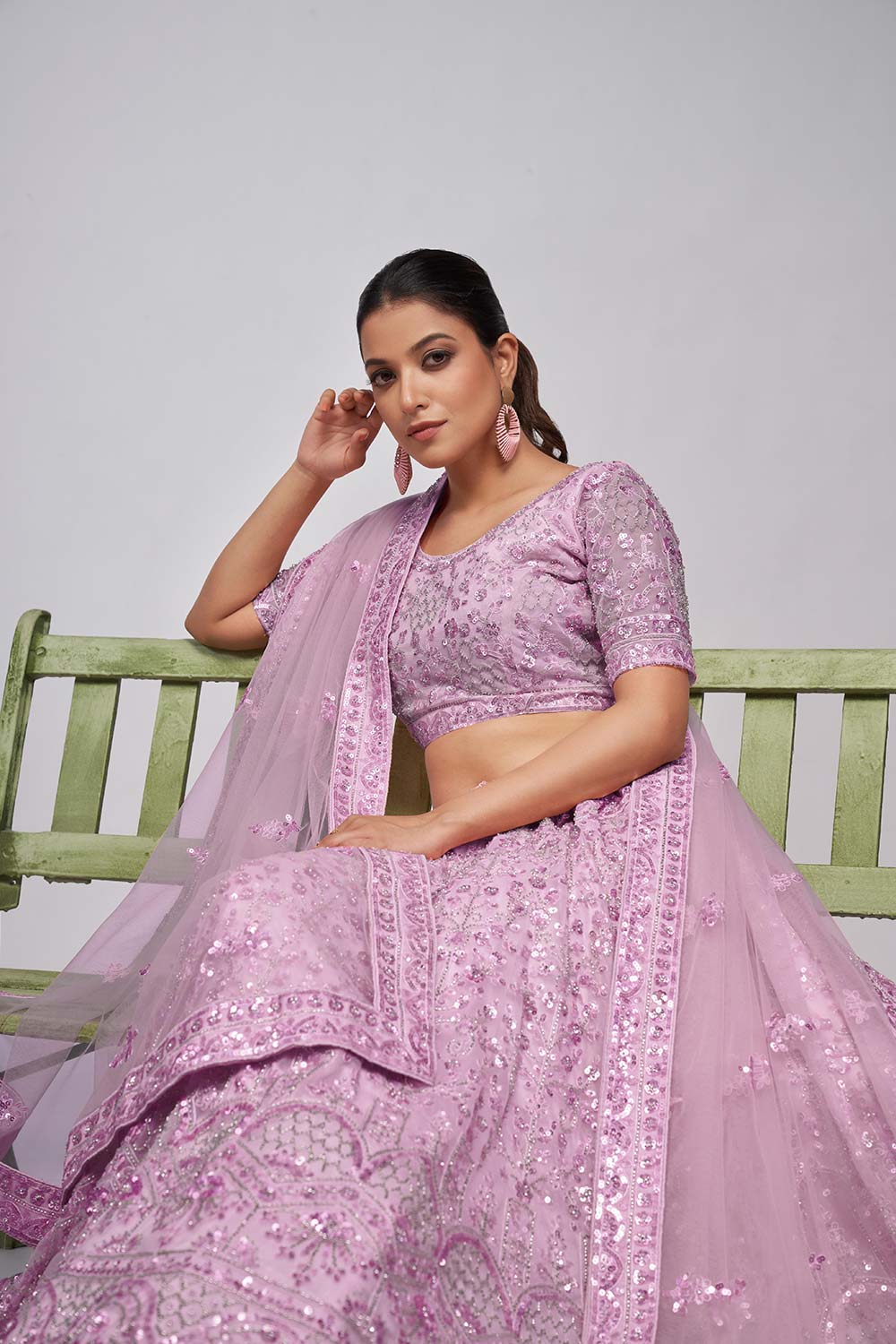 Mauve Soft Net Pearl, Sequins And Embellishments Lehenga Set